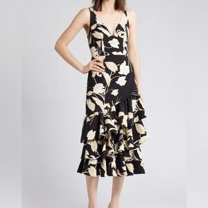 Chelsea28 (XS) Floral Print Tiered Asymmetrical Ruffle Midi Dress Wedding Guest